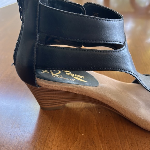 A2 Aerosoles black mayflower Wedge sandal with brown buckle accents back zipper - Picture 6 of 9
